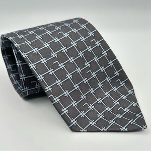 Gucci 100% Silk Dark Gray Tie with Blue Graphic Design